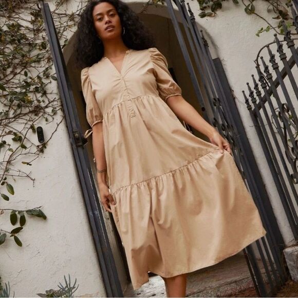 NATION LTD. Dustin Pima Cotton tiered midi dress pockets puff sleeve Size S Tan - Picture 1 of 6